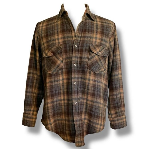 Vintage 1980s Ponderosa Mens Shirt Sz Large Brown Plaid Wool Cabincore Utility - Picture 1 of 7